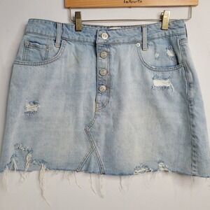 BDG Denim Mini Skirt Women Sz XL Light Blue Distressed Button Fly Raw Hem Grunge